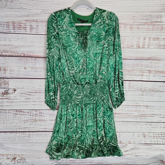 WHBM Silky Dress M Green Forest Fairy Floral Whimsy Pleated Ruched Lace up Neck - Picture 1 of 16